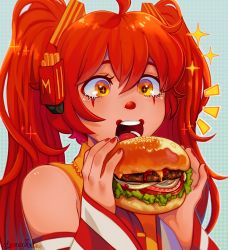 Rule 34 | + +, 1girl, absurdres, ahoge, artist name, bare shoulders, blush, burger, chisanamichin, clown nose, collared shirt, detached sleeves, eating hair, facepaint, food, food-themed hair ornament, french fries, hair ornament, hatsune miku, headphones, highres, holding, holding food, imminent bite, long hair, nail polish, necktie, notice lines, open mouth, red hair, shirt, sleeveless, sleeveless shirt, solo, sparkle, striped sleeves, thick eyebrows, twintails, vocaloid, yellow eyes