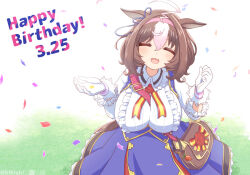 Rule 34 | 1girl, ahoge, animal ears, bag, between breasts, blue dress, blush, breasts, brown hair, closed eyes, collared shirt, confetti, dated, dress, facing viewer, gloves, grass, hairband, hands up, happy birthday, hihiqhi, horse ears, horse girl, horse tail, large breasts, long sleeves, medium hair, meisho doto (umamusume), multicolored hair, open mouth, outdoors, shirt, shoulder bag, smile, solo, standing, strap between breasts, tail, twitter username, two-tone hair, umamusume, watermark, white gloves, white shirt