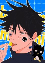 Rule 34 | 1boy, badtz-maru, bandaid, bandaid on face, bandaid on neck, black hair, buttons, candy, commentary request, food, fushiguro megumi, green eyes, hair between eyes, high collar, highres, holding, holding candy, holding food, holding lollipop, j haann, jacket, jujutsu kaisen, lollipop, looking at viewer, male focus, sanrio, short hair, solo, spiked hair, sticker, sticker on face, tongue, tongue out