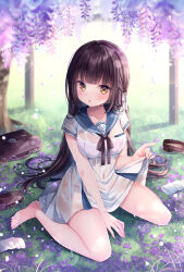 Rule 34 | 1girl, blue sailor collar, bra, bra visible through clothes, breasts, briefcase, brown eyes, brown footwear, brown hair, clothes lift, commentary request, dress, dress lift, flower, lifting own clothes, loafers, long hair, medium breasts, nemuri nemu, on grass, original, parted lips, pink bra, pink flower, pleated dress, purple flower, rain, sailor collar, sailor dress, school briefcase, see-through, shoes, short sleeves, socks, solo, underwear, unworn shoes, unworn socks, very long hair, wet, wet clothes, wet dress, white socks