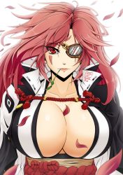 Rule 34 | 1girl, artist name, backlighting, baiken, breasts, cleavage, eyepatch, guilty gear, guilty gear xrd, hair down, highres, huge breasts, jacket, jacket on shoulders, japanese clothes, kimono, long hair, mouth hold, obi, one-eyed, petals, pink eyes, pink hair, sash, scar, scar across eye, scar on face, solo, stalk in mouth, upper body, vermillion dice