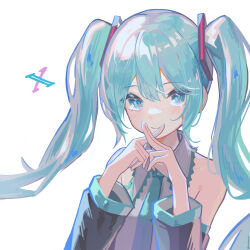 Rule 34 | 1girl, aqua eyes, aqua hair, bare shoulders, black sleeves, blush, closed mouth, collared shirt, commentary, detached sleeves, hair ornament, hands up, hatsune miku, highres, long hair, long sleeves, looking at viewer, necktie, nisokurui, shirt, simple background, sleeveless, sleeveless shirt, smile, solo, symbol-only commentary, twintails, twitter x logo, upper body, vocaloid, white background, white shirt, x, x fingers