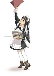 Rule 34 | 1girl, apron, arm up, artist name, black dress, black hair, book, boots, brown eyes, brown footwear, commentary request, dress, full body, highres, ichimi renge, long hair, maid, maid headdress, original, pantyhose, ponytail, reaching, ribbon, simple background, solo, tiptoes, white apron, white background, white pantyhose