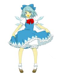 Rule 34 | 1girl, bloomers, blue eyes, blue hair, bobby socks, bow, bowtie, cirno, clothes lift, embodiment of scarlet devil, female focus, full body, mary janes, matching hair/eyes, open mouth, ririvery, shoes, short hair, simple background, skirt, skirt lift, socks, solo, standing, touhou, underwear, white bloomers, wings