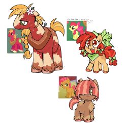 Rule 34 | animal, apple bloom, big macintosh, blonde hair, bow, braid, character request, english text, flower, green bow, hair bow, hair flower, hair ornament, hair over one eye, highres, my little pony, my little pony: friendship is magic, no humans, open mouth, photo inset, pony (animal), red hair, simple background, spacescoob8, teeth, upper teeth only, white background