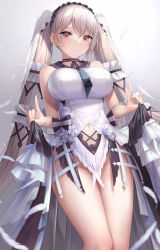 Rule 34 | 1girl, azur lane, bare shoulders, black choker, black neckerchief, black sailor collar, bow, breasts, choker, closed mouth, clothes lift, clothing cutout, commentary request, cowboy shot, dress, dress bow, dress lift, falling feathers, feather dress, feathers, formidable (azur lane), formidable (timeless classics) (azur lane), groin, hair between eyes, hair ornament, hair ribbon, highres, large breasts, long hair, looking at viewer, mizuya nao, navel, navel cutout, neckerchief, official alternate costume, red eyes, ribbon, sailor collar, sidelocks, silver hair, simple background, sleeveless, sleeveless dress, smile, solo, standing, twintails, two-tone dress, two-tone ribbon, veil, very long hair, white background, white dress