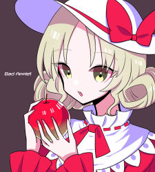 Rule 34 | 1girl, apple, blonde hair, bow, brown background, collared dress, curly hair, dress, elly (touhou), food, fruit, hat, hat bow, holding, holding food, holding fruit, kumeri0804, long sleeves, open mouth, parted bangs, red bow, red dress, red ribbon, ribbon, ribbon trim, simple background, solo, sun hat, touhou, touhou (pc-98), upper body, yellow eyes