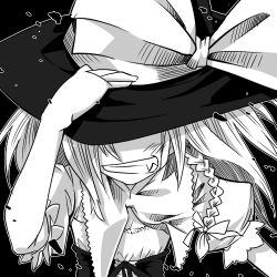 Rule 34 | 1girl, braid, fang, female focus, gengorou, greyscale, hand on headwear, hat, kirisame marisa, lowres, monochrome, solo, touhou, upper body, witch, witch hat