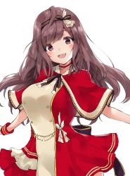 Rule 34 | 1girl, :d, black bow, black ribbon, blush, bow, breasts, brown eyes, brown hair, buttons, capelet, choker, commentary request, cowboy shot, dress, floating hair, frilled choker, frills, gloves, hair ribbon, head tilt, highres, idolmaster, idolmaster shiny colors, large breasts, long hair, looking at viewer, minikon, neck ribbon, open mouth, outstretched arms, pom pom (clothes), red capelet, red choker, red dress, ribbon, sidelocks, simple background, smile, solo, standing, striped neckwear, striped ribbon, swept bangs, tareme, teeth, tsukioka kogane, upper teeth only, white background, white gloves