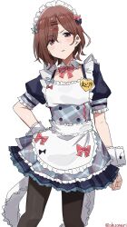 Rule 34 | 1girl, apron, artist name, blush, brown hair, collarbone, cuffs, detached collar, dress, frills, hair ornament, hairclip, hand on own hip, higuchi madoka, idolmaster, idolmaster shiny colors, looking at viewer, maid apron, maid headdress, mole, mole under eye, pantyhose, parted lips, ribbon, shisoneri, short hair, short sleeves, simple background, solo, standing