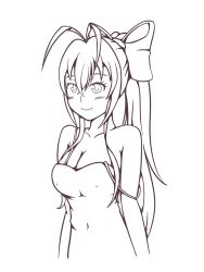 Rule 34 | 1girl, antenna hair, blazblue, blazblue remix heart, bow, breasts, cleavage, drawfag, covered erect nipples, gender request, genderswap, hair bow, highres, large breasts, lineart, long hair, mai natsume, monochrome, navel, nightgown, ponytail, ribbon, smile, solo, upper body, white background
