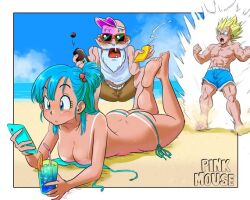 Rule 34 | 1girl, 2boys, accidental pervert, angry, ass, beach, beard, bikini, blonde hair, blue eyes, blue hair, blush, breasts, bulma, butt crack, cellphone, cleavage, day, dragon ball, dragonball z, drink, facial hair, hat, legs, lotion, lying, medium breasts, multiple boys, muscular, muscular male, muten roushi, naughty face, old, old man, open mouth, pervert, phone, pink mousse, straw, sunglasses, sunscreen, swimsuit, transformation, umbrella, vegeta, wardrobe malfunction, water