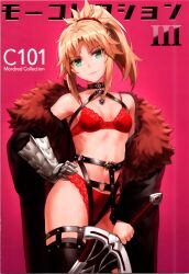 Rule 34 | 1girl, absurdres, bare shoulders, blonde hair, bra, breasts, character name, closed mouth, coat, cover, fate/apocrypha, fate/grand order, fate (series), fur trim, gauntlets, gradient background, green eyes, hair ornament, hair scrunchie, hand on own hip, head tilt, highleg, highleg panties, highres, holding, holding sword, holding weapon, lingerie, long sleeves, looking at viewer, mordred (fate), mordred (fate/apocrypha), navel, o-ring, off shoulder, panties, ponytail, red bra, red panties, scan, scrunchie, sidelocks, simple background, single gauntlet, small breasts, smile, solo, stomach, sword, thighhighs, thighs, tonee, underwear, underwear only, weapon