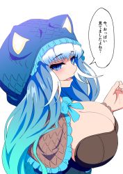 Rule 34 | 1girl, blue bow, blue eyes, blue hair, blue lips, bow, breasts, cleavage, eyelashes, fangs, frills, highres, kemono friends, kemono friends 3, komodo dragon (kemono friends), large breasts, looking at viewer, looking to the side, mamiyama, solo, translation request, white background, white hair