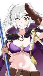 Rule 34 | 1girl, belt, bikini, breasts, brown belt, brown eyes, brown gloves, cleavage, fire emblem, fire emblem awakening, fire emblem heroes, gloves, highres, holding, holding polearm, holding weapon, jacket, jacket on shoulders, long hair, looking at viewer, medium breasts, navel, nintendo, o-ring, o-ring bikini, official alternate costume, ondur7538315, one eye closed, polearm, robin (female) (fire emblem), robin (female) (summer) (fire emblem), robin (fire emblem), smile, solo, swimsuit, twintails, weapon, white background, white hair