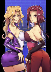 Rule 34 | 2girls, artist request, ass, bare shoulders, black legwear, blonde hair, breast press, breasts, brown eyes, choker, earrings, elbow gloves, fingerless gloves, gloves, hair intakes, hair ornament, izayoi aki, jewelry, kujaku mai, large breasts, long hair, looking at viewer, medium breasts, miniskirt, multiple girls, parted lips, pencil skirt, purple eyes, red hair, shiny clothes, shiny skin, short hair with long locks, showgirl skirt, skirt, smile, standing, thighhighs, vest, yu-gi-oh!, yu-gi-oh! 5d&#039;s