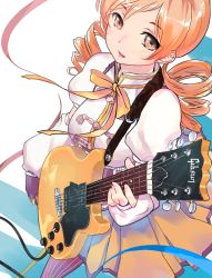 Rule 34 | 10s, 1girl, bad id, bad pixiv id, blonde hair, breasts, corset, drill hair, electric guitar, fingerless gloves, gibson, gibson les paul, gloves, guitar, highres, instrument, large breasts, magical girl, mahou shoujo madoka magica, mahou shoujo madoka magica (anime), onoguru, pleated skirt, puffy sleeves, ribbon, skirt, solo, tomoe mami, yellow eyes
