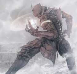 Rule 34 | 1boy, armor, chikashige, claws, crystal, full armor, gauntlets, greaves, grey sky, helm, helmet, holding, male focus, muted color, ningyou no kuni, outdoors, pauldrons, shoulder armor, sky, snow, snowing, solo, spine, vambraces