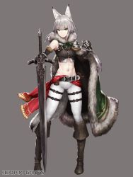 Rule 34 | 1girl, animal ear fluff, animal ears, bare shoulders, belt, black footwear, boots, breasts, cape, commentary request, crop top, dagger, dual wielding, fox ears, fox tail, full body, fur collar, fur trim, gauntlets, green eyes, grey background, holding, holding dagger, holding knife, holding sword, holding weapon, holster, kageshio (276006), knee boots, knife, long hair, looking at viewer, medium breasts, midriff, navel, official art, pants, sennen sensou aigis, silver hair, simple background, skin tight, sleeveless, smile, solo, standing, stomach, sword, tail, watermark, weapon, weiss (sennen sensou aigis), white pants