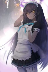 Rule 34 | 1girl, black hair, blue archive, dark skin, gloves, highres, karin (blue archive), looking at viewer, maid, michikusaboushi (p o q), short sleeves, solo, white gloves, yellow eyes