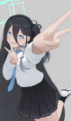 Rule 34 | 1girl, absurdres, aris (blue archive), black hair, blue archive, blue eyes, blush, collared shirt, commentary, double v, foreshortening, grey background, hairband, halo, highres, kumare yuki, long bangs, long hair, long sleeves, necktie, one side up, open mouth, pleated skirt, shirt, shoes, skirt, smile, sneakers, socks, solo, standing, standing on one leg, v, very long hair