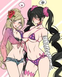 Rule 34 | 2girls, alternate costume, alternate hairstyle, angry, bandaged arm, bandages, bikini, bikini under clothes, black hair, blonde hair, blouse, blush, breasts, butterfly ornament, choker, cleavage, cosplay, costume switch, flower, green eyes, hair flower, hair ornament, heart, highres, legband, long hair, magilou (tales), multiple girls, pink choker, pink shirt, pointy ears, ponytail, shirt, short shorts, shorts, smile, speech bubble, swimsuit, tales of (series), tales of berseria, thigh strap, tied shirt, tusia, twintails, underboob, velvet crowe, very long hair, yellow eyes