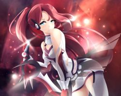 Rule 34 | 1girl, blue eyes, breasts, cleavage cutout, clothing cutout, gloves, high ponytail, leora, long hair, medium breasts, mimelex, official art, ponytail, red gloves, red hair, very long hair, voxwave