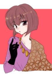 Rule 34 | 1girl, black gloves, blunt ends, bob cut, breasts, brown eyes, brown hair, brown kimono, cleavage, collarbone, commentary, cosplay, cropped torso, gloves, gold necklace, hair between eyes, inverted bob, japanese clothes, jewelry, kimono, large breasts, long sleeves, looking at viewer, nakamori akina, nakamori akina (cosplay), necklace, outside border, parted lips, purple shirt, ranma 1/2, real life, red background, shirt, short hair, signature, solo, tendou nabiki, turning head, uehara doh, upper body