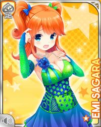 Rule 34 | 1girl, alternate costume, blue bow, blue eyes, bow, breasts, card, character name, cleavage, dress, elbow sleeve, flower, girlfriend (kari), green bow, green dress, hair bow, jewelry, large breasts, necklace, official art, open mouth, orange hair, qp:flapper, sagara emi, solo, surprised, tagme, teeth, twintails, upper teeth only, yellow background