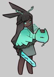 Rule 34 | 1girl, ancient rabbit, animal ears, antlers, barefoot, black hair, blue capelet, blue eyes, blue horns, capelet, closed mouth, commentary request, dark-skinned female, dark skin, dress, expressionless, full body, grey background, grey dress, half up braid, highres, holding, holding sword, holding weapon, horns, long hair, looking at viewer, rabbit and steel, rabbit ears, rabbit girl, simple background, solo, suzaki-san, sword, weapon
