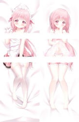 Rule 34 | 1girl, apron, babydoll, bare arms, bare shoulders, barefoot, bed sheet, blush, censored, clothes lift, collarbone, commentary, commission, cupless babydoll, dakimakura (medium), english commentary, frilled apron, frilled panties, frills, gloves, hand up, highres, long hair, looking at viewer, lying, magia record: mahou shoujo madoka magica gaiden, mahou shoujo madoka magica, maid headdress, multiple views, navel, no shoes, on back, panties, parted lips, pink hair, pink skirt, purple eyes, renew vivi, see-through, skirt, skirt lift, tamaki iroha, thigh strap, thighhighs, underwear, underwear only, very long hair, white apron, white gloves, white panties, white thighhighs