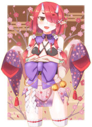 Rule 34 | 1girl, :d, bare shoulders, bell, blush, bow, commentary request, cropped legs, egasumi, fang, floral background, floral print, flower, fuyuki8208, hair flower, hair ornament, hair over one eye, hands up, highres, hoozuki warabe, horns, japanese clothes, jingle bell, kimono, long hair, long sleeves, looking at viewer, noripro, obi, off shoulder, open mouth, pointy ears, print kimono, purple bow, red hair, ribbon-trimmed legwear, ribbon trim, sash, short eyebrows, sidelocks, sleeves past fingers, sleeves past wrists, smile, solo, thick eyebrows, thighhighs, virtual youtuber, white flower, white kimono, white thighhighs