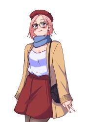 Rule 34 | 1girl, absurdres, akiosketch, bag, beret, blue scarf, blush, breasts, closed mouth, collarbone, emma (akiosketch), glasses, handbag, hat, highres, jewelry, lips, original, pink hair, pink nails, purple eyes, red hat, ring, scarf, short hair, simple background, small breasts, smile, solo, v, white background