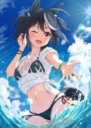 Rule 34 | 1girl, ahoge, animal ears, bead bracelet, beads, bikini, bikini under clothes, black bikini, black hair, blush, bracelet, breasts, cloud, commentary request, day, gamyuu (gamyu), groin, hand up, highres, horse ears, horse girl, horse tail, jewelry, kitasan black (umamusume), lens flare, looking at viewer, multi-strapped bikini, multicolored hair, navel, ocean, one eye closed, open mouth, outdoors, partial commentary, red eyes, see-through, see-through shirt, shirt, short hair, sleeves rolled up, small breasts, smile, solo, splashing, streaked hair, sun, swimsuit, tail, tied shirt, two side up, umamusume, wading, water, wet, wet clothes, wet shirt