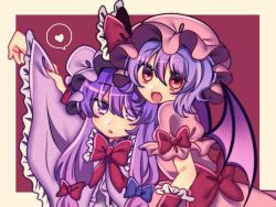 Rule 34 | 2girls, arm cuffs, arm up, bat wings, blue bow, bow, commentary, dress bow, fang, hair bow, hat, hat bow, hat ribbon, heart, light blush, long hair, looking at viewer, mob cap, multiple girls, nail polish, open mouth, patchouli knowledge, purple eyes, purple hair, red bow, red eyes, red nails, red ribbon, remilia scarlet, ribbon, robe, short hair, short sleeves, simple background, smile, speech bubble, spoken heart, symbol-only commentary, touhou, tsugomori (remilia0398), upper body, wide sleeves, wings
