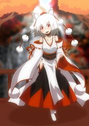 Rule 34 | 1girl, absurdres, animal ears, bare shoulders, blush, breasts, cleavage, collarbone, detached sleeves, hat, heikouidou (seraeno), highres, inubashiri momiji, japanese clothes, kourindou tengu costume, looking at viewer, open mouth, pom pom (clothes), red eyes, short hair, silver hair, solo, tokin hat, touhou, tree, wolf ears