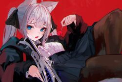 Rule 34 | 1girl, absurdres, animal ears, black jacket, black pantyhose, black skirt, blouse, blue eyes, candy, cat ears, cat girl, commentary, food, gun, highres, holding, holding candy, holding food, holding gun, holding lollipop, holding weapon, indie virtual youtuber, jacket, lollipop, long sleeves, looking at viewer, naokomama, open clothes, open jacket, open mouth, pantyhose, pleated skirt, red background, rexulili (vtuber), shirt, simple background, skirt, solo, twintails, virtual youtuber, weapon, white shirt