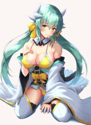 Rule 34 | 1girl, absurdres, alternate hairstyle, aqua hair, bad id, bad pixiv id, bare shoulders, bikini, blush, bow, breasts, cleavage, collarbone, commentary request, detached collar, fate/grand order, fate (series), full body, furan (pixiv20237436), hair between eyes, hair bow, hand on own chest, head tilt, highres, horns, japanese clothes, kiyohime (fate), kiyohime (fate/grand order), kiyohime (swimsuit lancer) (fate), kiyohime (swimsuit lancer) (first ascension) (fate), large breasts, layered clothes, long hair, looking at viewer, ribbon, sideboob, simple background, sitting, solo, swimsuit, thighhighs, thighs, twintails, wariza, white thighhighs, wide sleeves, yellow bikini, yellow eyes, yellow ribbon