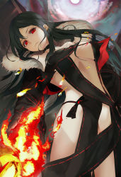 Rule 34 | 1girl, absurdres, black dress, black hair, breasts, center opening, choker, closed mouth, collarbone, commentary request, dress, earrings, fate/grand order, fate (series), fire, fire, fur trim, highres, jewelry, large breasts, long hair, looking at viewer, medium breasts, mer, moon, navel, red eyes, revealing clothes, solo, strapless, strapless dress, sword, very long hair, weapon, yu mei-ren (fate)