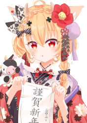 Rule 34 | 1girl, :o, absurdres, ahoge, animal, blonde hair, bow, braid, chinese zodiac, eyelashes, floral print, flower, hair between eyes, hair bow, hair flower, hair ornament, hands up, happy new year, highres, holding, holding paper, japanese clothes, kimono, medium hair, multicolored hair, nengajou, new year, open mouth, original, paper, red eyes, red kimono, shimo shiina, simple background, solo, streaked hair, tassel, two-tone hair, upper body, white background, year of the ox