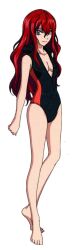 Rule 34 | 1girl, black one-piece swimsuit, blue eyes, breasts, cleavage, closed mouth, cross ange, full body, highres, hilda (cross ange), long hair, looking at viewer, medium breasts, official art, one-piece swimsuit, red hair, simple background, smile, solo, swimsuit, white background