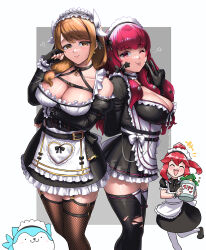 Rule 34 | 3girls, alternate costume, anna (fire emblem), anna (fire emblem engage), apron, black gloves, breasts, brown eyes, brown hair, buckle, burnt green tea, cleavage, cleavage cutout, closed mouth, clothing cutout, dress, enmaided, facial mark, female focus, fingerless gloves, fire emblem, fire emblem engage, frilled dress, frills, gloves, goldmary (fire emblem), hair ornament, highres, large breasts, long hair, maid, maid apron, maid headdress, matching hair/eyes, multiple girls, nintendo, one eye closed, red eyes, red hair, smile, sommie (fire emblem), star (symbol), strap, thighhighs, v, wink, yunaka (fire emblem)