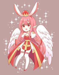 Rule 34 | 1girl, animal ears, arch bishop (ragnarok online), blush, breasts, brown background, chibi, crown, dress, feathered wings, frilled thighhighs, frills, full body, hair between eyes, high priest (ragnarok online), highres, juliet sleeves, light (luxiao deng), long hair, long sleeves, looking at viewer, medium breasts, mini crown, open mouth, pink hair, pointy ears, puffy sleeves, rabbit ears, ragnarok online, red dress, red eyes, red footwear, shoes, solo, sparkle, teeth, thighhighs, upper teeth only, very long hair, white thighhighs, white wings, wide sleeves, wings