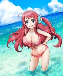 Rule 34 | 1girl, :d, ahoge, beach, bikini, blue eyes, blue sky, bow, breasts, cleavage, cloud, day, hair bow, hand on own hip, large breasts, long hair, looking at viewer, minamoto sakura, navel, ocean, open mouth, partially visible vulva, polka dot, polka dot bow, red bikini, red hair, sky, smile, solo, sparkle, standing, swimsuit, teina, water, wet, zombie land saga