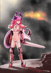 Rule 34 | 1girl, absurdres, armor, artist name, bikini armor, black gloves, black thighhighs, breasts, cape, commentary, dated, elbow gloves, elizabeth bathory (brave) (fate), elizabeth bathory (fate), fate/grand order, fate (series), gauntlets, gesundheit (artist), gloves, greaves, grey eyes, highres, horns, long hair, looking to the side, loose bikini, navel, pauldrons, pink hair, pointy ears, serious, shield, shoulder armor, small breasts, solo, sword, tail, thighhighs, tiara, weapon