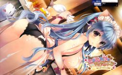 Rule 34 | 1girl, :3, absurdres, animal ears, apron, ass, black panties, blue hair, blush, breasts, cat, cat ears, copyright name, cream, dutch angle, closed eyes, highres, huge filesize, indoors, large breasts, looking at viewer, looking back, maid headdress, naked apron, nearly naked apron, nekoyashiki persia, nekoyashiki perusha, nyan cafe macchiato, panties, pastry bag, ponytail, purple eyes, sideboob, spilling, tareme, text focus, thighs, underwear, wori