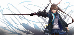 Rule 34 | 1girl, absurdres, amiya (arknights), animal ears, arknights, ascot, black jacket, black pantyhose, blue ascot, blue eyes, blue skirt, brown hair, closed mouth, gradient background, grey background, hair between eyes, highres, holding, holding sword, holding weapon, hood, hood down, hooded jacket, jacket, long hair, looking at viewer, open clothes, open jacket, outstretched arm, pantyhose, pleated skirt, ponytail, rabbit ears, ribbed shirt, shirt, shoshu, simple background, skirt, solo, sword, v-shaped eyebrows, very long hair, weapon, white background, white shirt