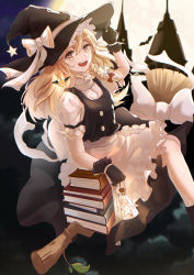 Rule 34 | 1girl, :d, absurdres, apron, arm up, back bow, bat (animal), black gloves, black skirt, black vest, blonde hair, book, book stack, bow, braid, breasts, broom, broom riding, buttons, commentary, english commentary, feet out of frame, flying, frilled apron, frills, full moon, gloves, hair ribbon, halloween, hat, hat ribbon, highres, kirisame marisa, lantern, leaf, long hair, looking at viewer, medium breasts, moon, night, open mouth, puffy short sleeves, puffy sleeves, red ribbon, ribbon, sanana e, scarlet devil mansion, shirt, short sleeves, single braid, skirt, sky, smile, solo, star-shaped pupils, star (sky), star (symbol), starry sky, symbol-shaped pupils, teeth, touhou, tress ribbon, upper teeth only, vest, waist apron, white apron, white bow, white shirt, witch hat, yellow eyes