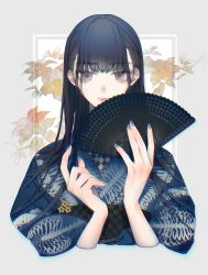 Rule 34 | 1girl, black hair, blue kimono, blue nails, closed mouth, commentary request, cropped arms, cropped torso, floral background, flower, folding fan, hand fan, highres, holding, holding fan, japanese clothes, kimono, long hair, looking at viewer, nail polish, obi, original, red eyes, sash, skeleton print, smile, solo, tobacco (tabakokobata), yellow flower