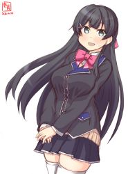 Rule 34 | 1girl, agano (kancolle), artist logo, black hair, black jacket, black skirt, blazer, bow, cardigan vest, commentary request, cosplay, cowboy shot, dated, green eyes, hair ornament, hairclip, highres, jacket, kanon (kurogane knights), kantai collection, long hair, look-alike, looking at viewer, nijisanji, pink bow, pink neckwear, school uniform, simple background, skirt, solo, thighhighs, tsukino mito, tsukino mito (cosplay), v arms, virtual youtuber, white background, white thighhighs